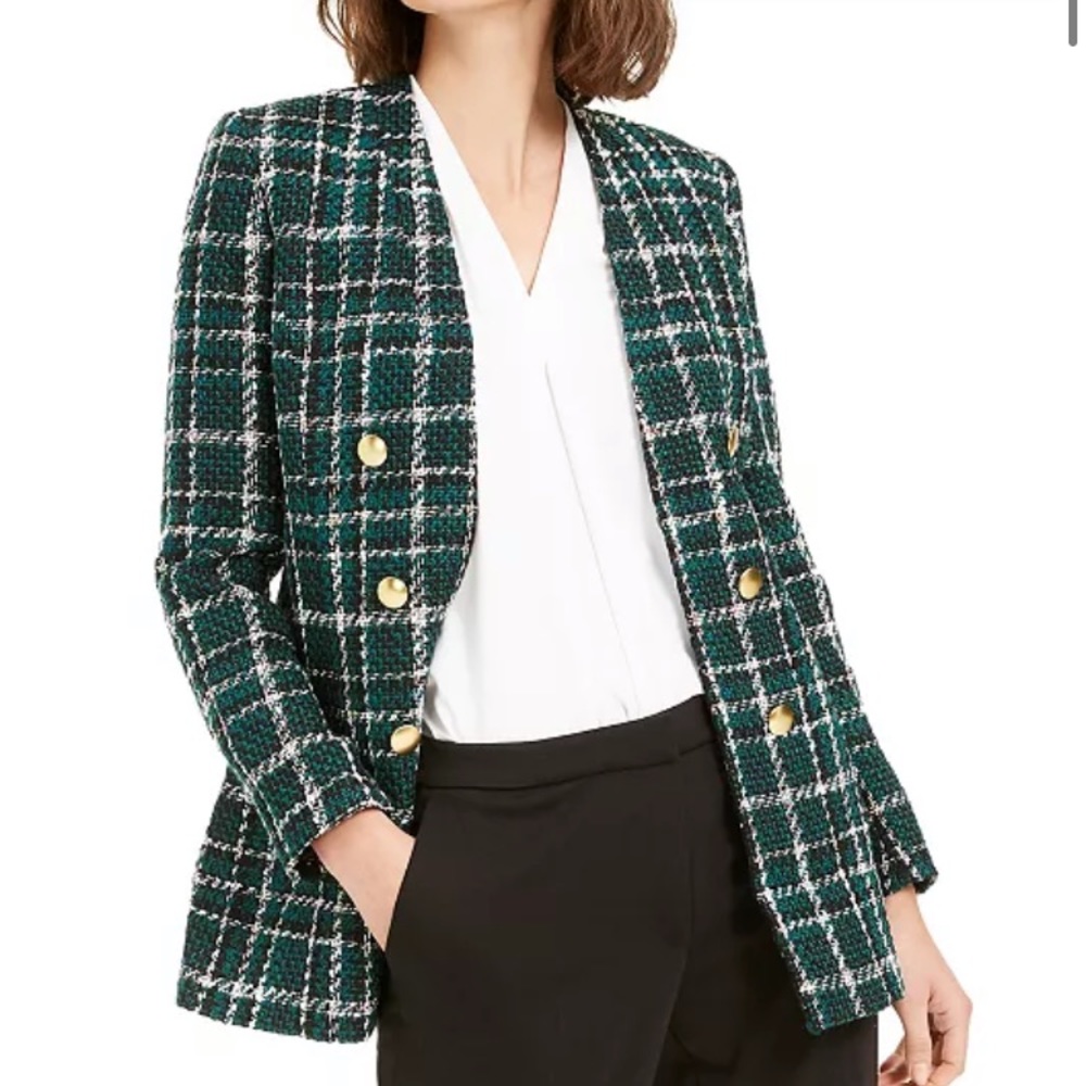 Bar III Green Tweed Blazer with Gold Buttons